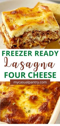 piece of lasagna on plate and close up of casserole of lasagna Freezer Lasagna, Pasta Ragu, Oven Ready Lasagna, Meat Lasagna, Easy Lasagna Recipe, Baked Casserole, Comfort Food Recipes Dinners