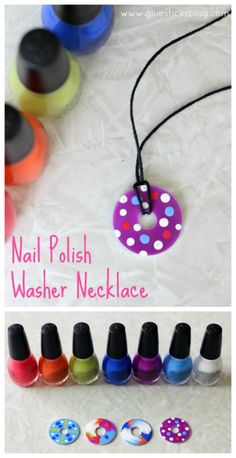 nail polish washer necklace with polka dots on it and six different colors in the background