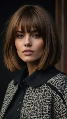 Brunette Bob Hairstyles With Fringe, French Bob With Bangs Mid Length, Brunette Bob With Fringe, Mid Bob With Bangs, Bob Haircut With Fringe, French Bob With Fringe, Brunette Bob With Bangs, French Bob With Bangs, Bob With Fringe Bangs