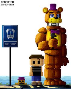 the pixel art shows a man standing next to a giant teddy bear and a bus stop sign