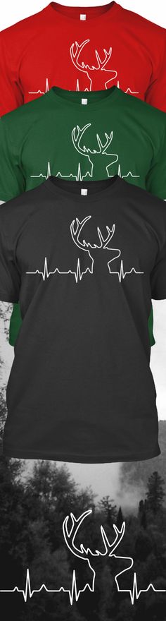 three t - shirts with deer and heartbeats on them in black, red, green and white