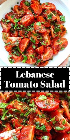 a white plate topped with lots of tomatoes and basil next to another plate filled with sliced tomatoes