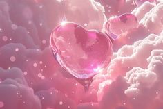 a pink heart shaped balloon floating in the air surrounded by clouds and stars on a sunny day