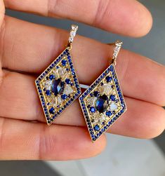 Kite Shape Sapphire and Diamond Mosaic Earrings | Berlinger Jewelry Sapphire And Diamond Band, Sapphire And Diamond Earrings, Diamond Mosaic, Sapphire Jewelry, Lovely Jewellery, Jewelry Lover, Round Brilliant Cut Diamond, Turquoise Jewelry, Diamond Wedding Bands