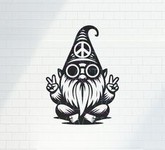 an image of a gnome with peace sign on his head and glasses sitting in front of a white brick wall