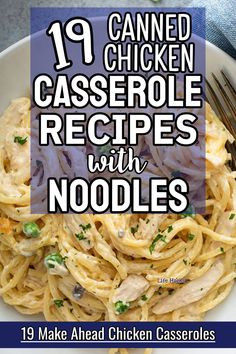 chicken casserole recipe with noodles in a white bowl on top of a table