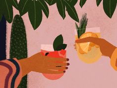 two hands holding glasses with drinks and fruit