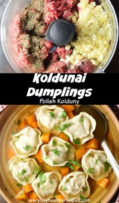 Top down view of koldunai filling ingredients in blender and cooked koldunai dumplings with broth in brown bowl. Kolduny Recipe, European Dumplings, Meat Dumplings, Polish Food, European Food, Bite Size, Dumplings, In Water