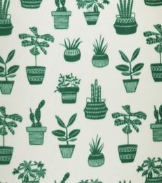 a green and white wallpaper with potted plants