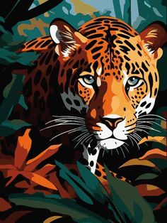 a painting of a tiger in the jungle with leaves and flowers around it's face