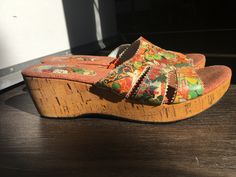 A unique and colorful pair of Italian wedge cork heel sandals.  Leather upper, fabric sole.  These gorgeous sandals are in perfect condition!  2 inch wedge at highest point. I'm guessing Size 7 as there is no size listed. Womens Espadrilles Wedges, Cork Sandals, Cork Heels, Women's Espadrilles, Espadrilles Wedges, Heel Sandals, Sandal Espadrille, Women's Shoes Sandals, Cork