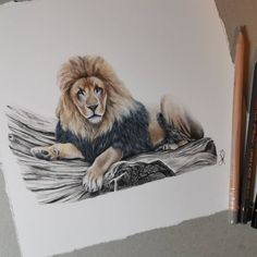 a drawing of a lion resting on a tree branch with two colored pencils next to it