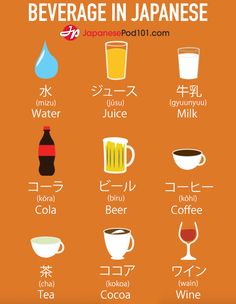 an orange poster with different types of beverages in japanese and english writing on the front