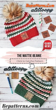 the beanie is knitted in different colors and sizes, with two pom poms