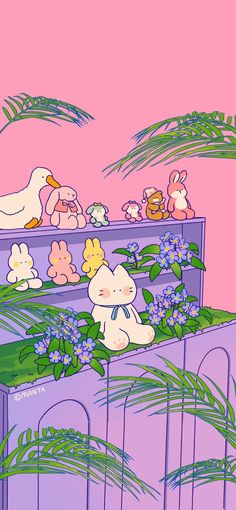 a bunch of stuffed animals sitting on top of a wooden box filled with plants and flowers