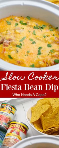 slow cooker fiesta bean dip with tortilla chips and salsa in the background