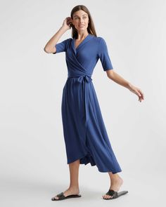 Tencel Jersey Midi Wrap Dress Quince Blue, Wrap Dress Midi, Jersey Wrap Dress, Midi Wrap Dress, Dress Out, High Quality Dress, Perfect Wedding Dress, Elbow Length Sleeve, Quince