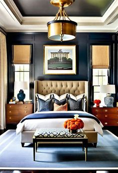 a bedroom with black walls and gold accents