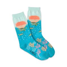 Sea Turtles Socks by K Bell are the perfect gift for that socks lover in your life. These sea life themed womens crew socks come in multiple color Options and fit Women's Shoe Size 4-10. Made of 51% Cotton, 47% Nylon, 2% Spandex for comfort and durability. A pair of these cool Sea Life novelty Socks will certainly give any wardrobe an instant upgrade. Machine wash cold with like colors. Only non-chlorine bleach when needed. Tumble dry low. Cool Iron if needed Save The Sea, Save The Sea Turtles, Silly Socks, Womens Knee High Socks, Clean Ocean, Sock Lovers, Corgi Butts, Blue Q, Funky Socks