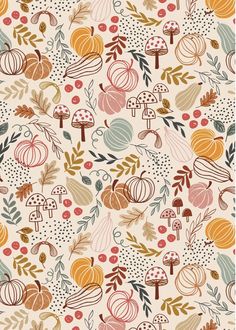 an abstract pattern with leaves and mushrooms