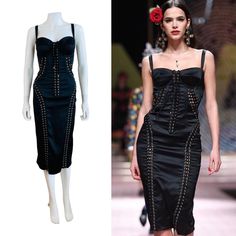 Gorgeous 2019 Dolce + Gabbana corset style dress (shown pinned to mannequin) Black silk + elastane fabric Bustier bra style bust with fitted + padded bust cups Wide adjustable shoulder straps Wiggle style fit with gold grommets + lacing details throughout Knee length tapered skirt Hidden zipper up the back Unlined Marked 42, fits a little larger possibly up to 44, Measurements: Bust 17.5-19 ", Waist 14-15", Hips 18-20", Length 44" Clean + ready to wear Shipping: All shipping prices are through P Corset Style Dress, Tapered Skirt, Goth Doll, Silk Corset, Corset Style Dresses, Corset Lace, Leather Jacket Outfits, Leather Corset, Bra Style