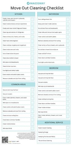 the cleaning checklist is shown in blue and white, with words above it that read move out cleaning checklist