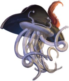 an octopus with a pirate hat on it's head is floating in the air