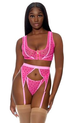 3pc. Mesh lingerie set features zip front bra with flocked heart detail paired with matching garter belt and panty. Lingerie Valentines Day, Sell Dresses, Spicy Lingerie, Camisole Set, Satin Lingerie, Silk Lingerie, Garter Set, Lounge Dress, Thigh High Stockings