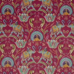 an image of a red background with peacocks and paisley designs on it's surface