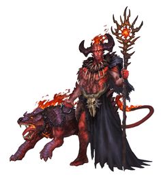 a demonic demon with horns, holding a staff and an orange flame on his face