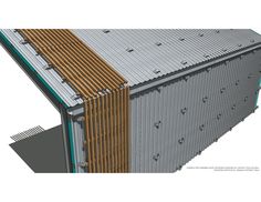 the side of a building with metal siding and wood slats on it's sides