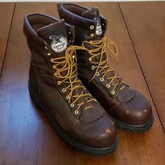 Georgia Low Heel Leather Boots In Excellent Shape, Some Scuffs, Worn Inside Maybe Once, Sole Is Clean As You Can See In Pictures. 8 Inch High,Waterproof, Steel Toe, Vibram Sole, Steel Shank, F2413-05 Electrical Hazard Standard. Great Work Boots Low Heel Leather Boots, Georgia Boots, Work Boots, Brown Boots, Low Heels, Leather Boots, Georgia, Men's Shoes, Shoe Boots