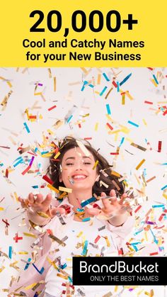 a woman surrounded by confetti and sprinkles with the text 20, 000 + cool and catchy names for your new business