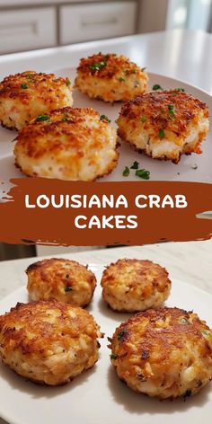 some crab cakes on a white plate with the words louisiana crab cakes in front of them