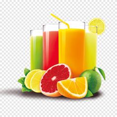 various fruits and vegetables with juices in them