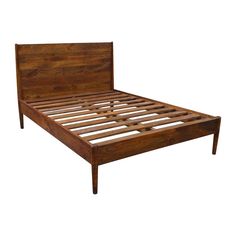 a bed frame with wooden slats and no headboard