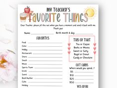 a printable teacher's favorite things list with pink flowers on the table next to it