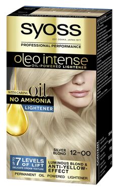 Syoss Oleo Intense Lightener Silver Blond 12-00 Ashy Blonde, Cool Blonde Hair, Dyed Blonde Hair, Lightening Creams, Gray Coverage, Osaka Japan, Hair Fibers