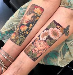 two people with matching tattoos on their legs, one has a flower and the other has a butterfly