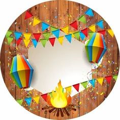 an image of a campfire with colorful flags around it on a wooden wall background