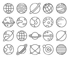 the planets and their satellites are drawn in black ink on a white background, each with different