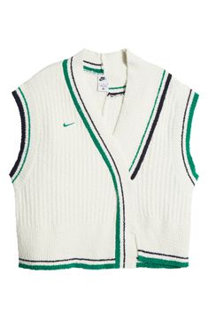 Asymmetric lines, sporty stripes and an oversized fit elevate this softly ribbed sweater-vest finished with an embroidered Swoosh at the chest. 24" length (size Medium) V-neck 95% polyester, 4% nylon, 1% elastane Machine wash, line dry Imported