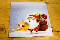 a christmas card with a santa clause carrying presents on his back and holding a bag