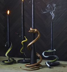 three candles with snakes on them sitting next to each other in front of a wall