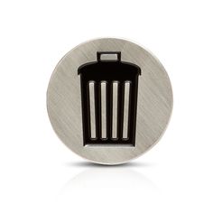 a metal button with a trash can on it