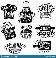 hand drawn cooking and baking related labels or emblems set on white background for use in web design