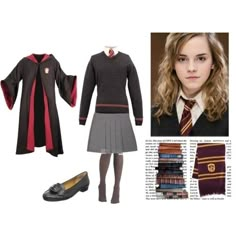 a girl in a harry potter costume with her school uniform, shoes and book bag