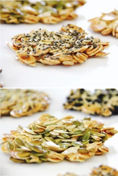 several different types of cookies with sprinkles and seeds on them, all arranged in the same pattern