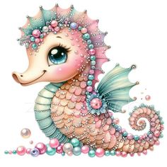 a cartoon sea horse with pearls on it's head and tail, sitting in the water