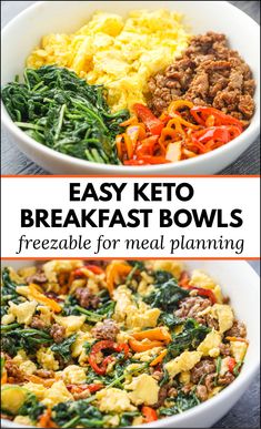 This delicious keto breakfast bowl recipe is perfect to freeze for a quick low carb breakfast or even lunch. It's full of healthy ingredients and that taste great together. A mixture of eggs, sausage and colorful and tasty veggies, this breakfast bowl is the perfect start to your morning with only 254 calories and 5 grams of carbs! Keto Breakfast Bowls, Egg Keto Breakfast, Quick Low Carb Breakfast, Keto Quiche, Easy Keto Breakfast, Breakfast Bowls Recipe, Desayuno Keto, Breakfast Low Carb, Keto Pancakes